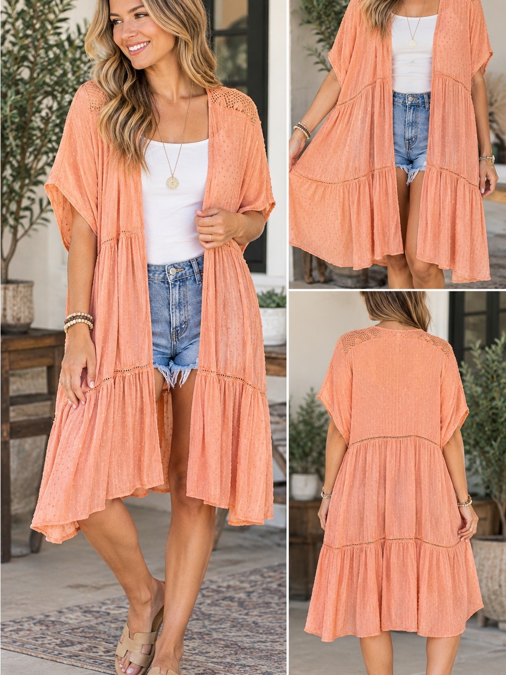 easel Peach Coral Boho Tiered Kimono Duster Crochet Lace Open Front